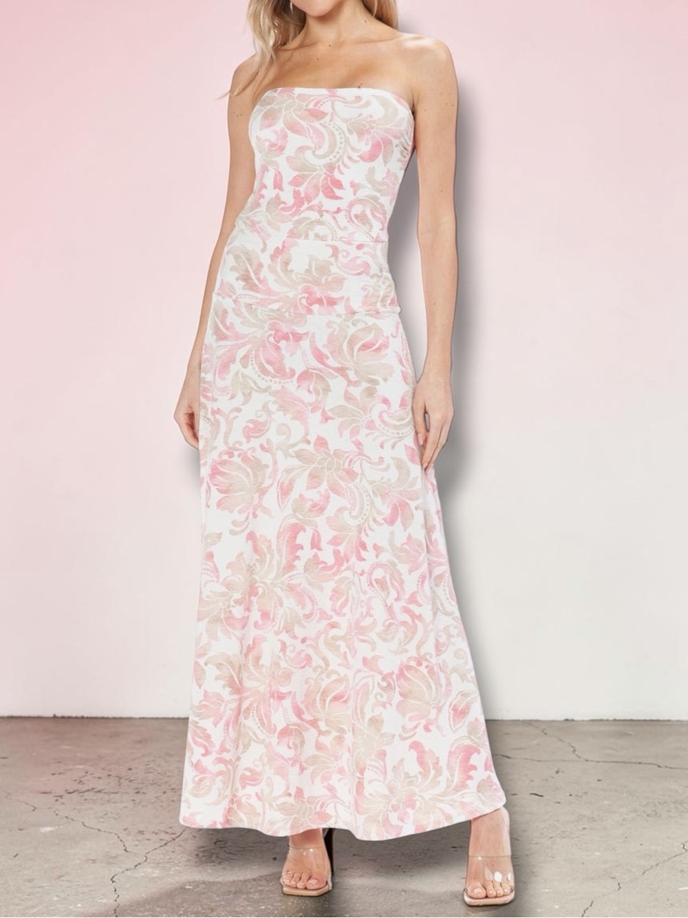 O.L Women’s Strapless Pink & Cream Floral Maxi Dress in the Size Large